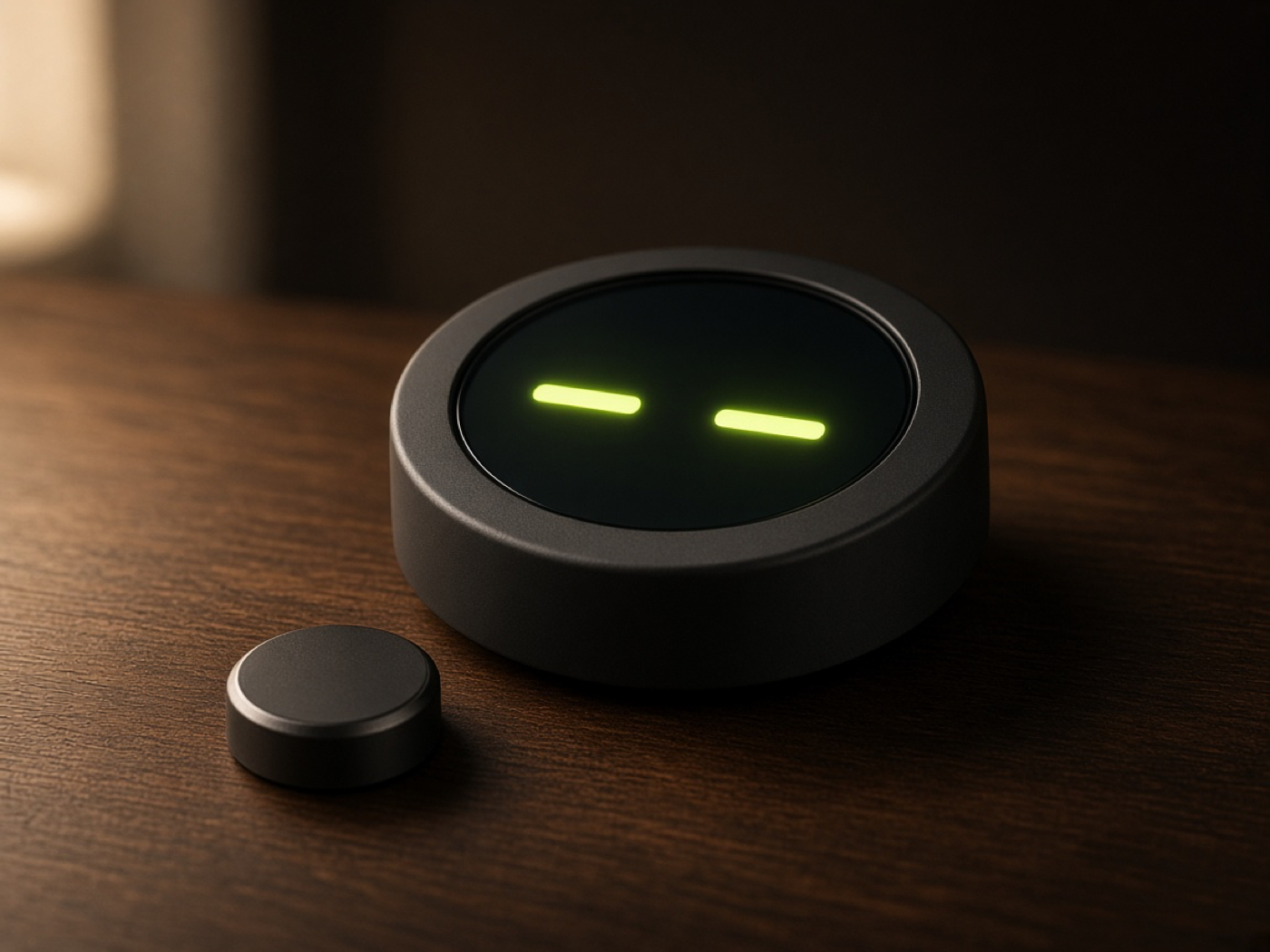 yap on a desk, its round screen showing two phosphor eyes